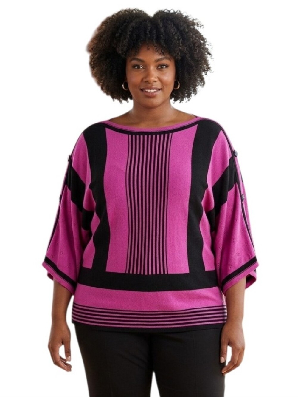 Ashley Stewart Fuchsia & Black Striped Boatneck Kimono Sleeve Cold Shoulder